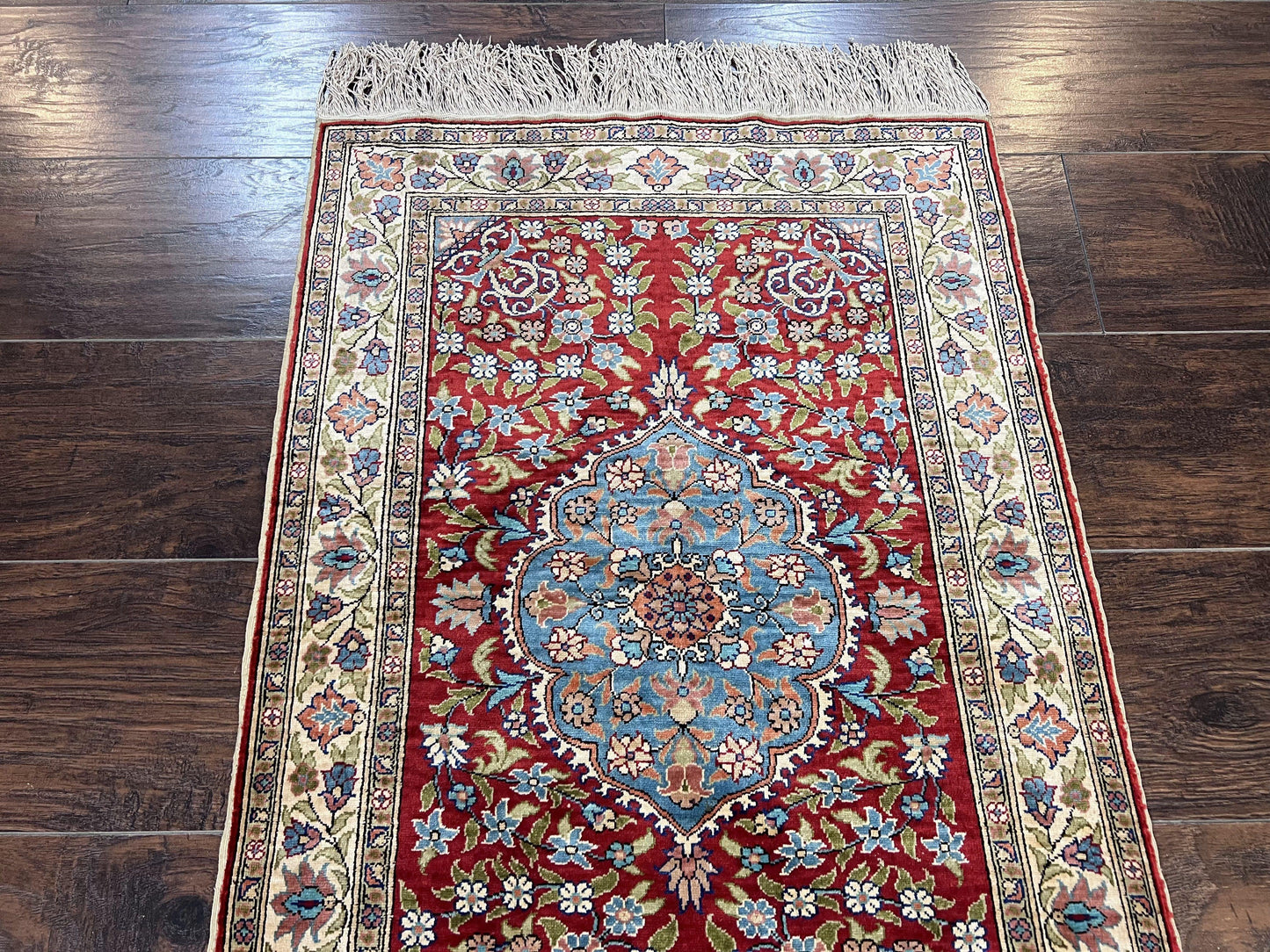 Silk Turkish Kayseri Rug 2x3, Small All Silk Turkish Carpet, Red and Light Blue, Very Fine Hand Knotted Semi Antique Vintage Handmade Rug