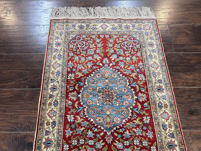 Silk Turkish Kayseri Rug 2x3, Small All Silk Turkish Carpet, Red and Light Blue, Very Fine Hand Knotted Semi Antique Vintage Handmade Rug