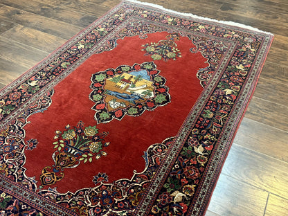 Red Persian Kashan Rug 4x6, Very Fine 260 KPSI, Red and Navy Blue Persian Carpet, Semi Open Field