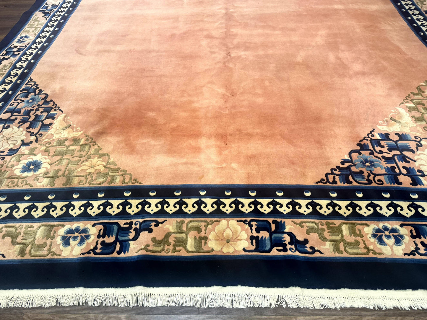 Chinese Wool Rug 11X18 Peking Style Open Field Peach and Blue Art Deco Handmade Carpet