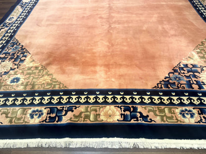 Chinese Wool Rug 11X18 Peking Style Open Field Peach and Blue Art Deco Handmade Carpet