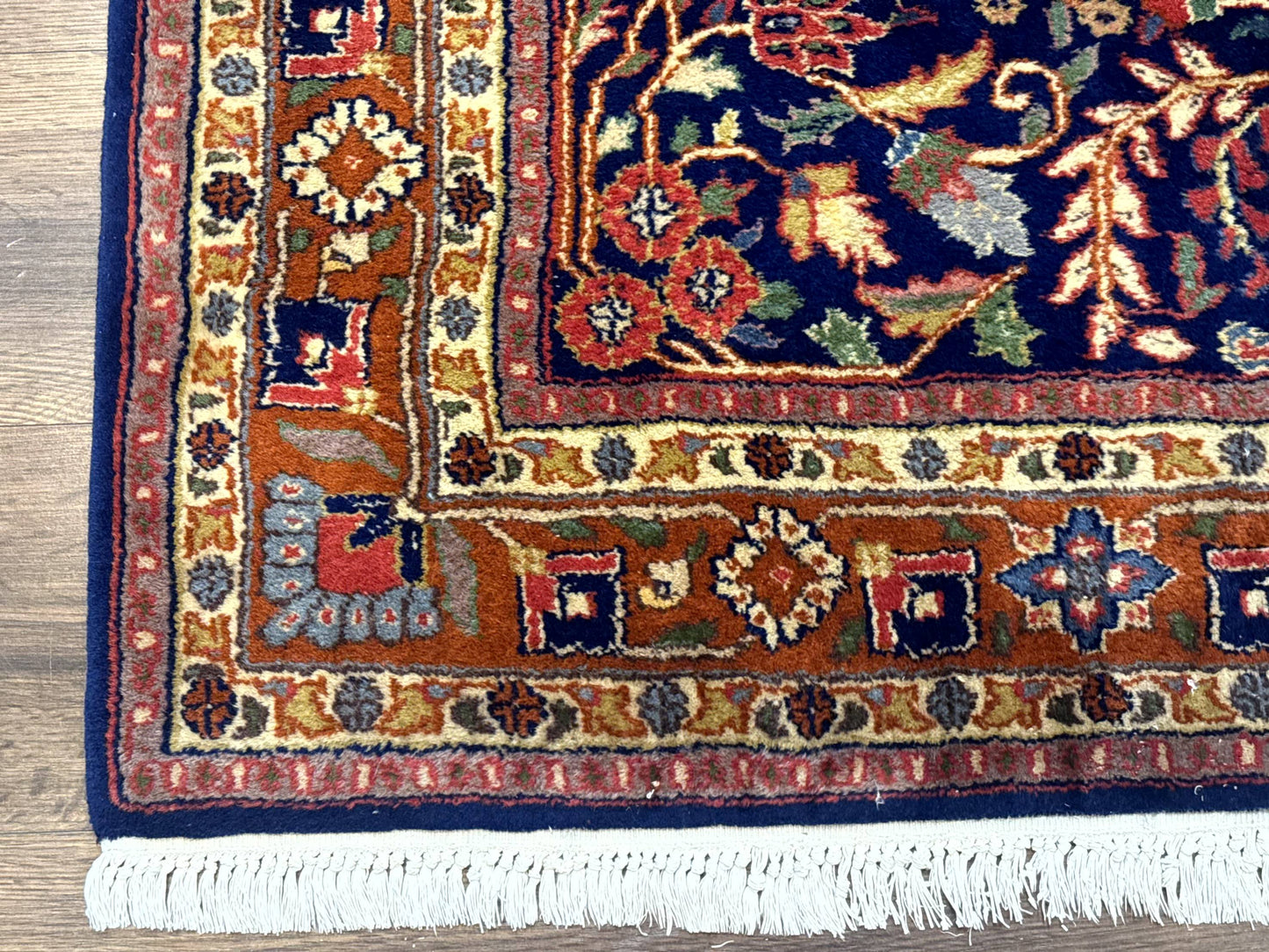 Indo Persian Sarouk Rug 4x6, Blue and Rust Red