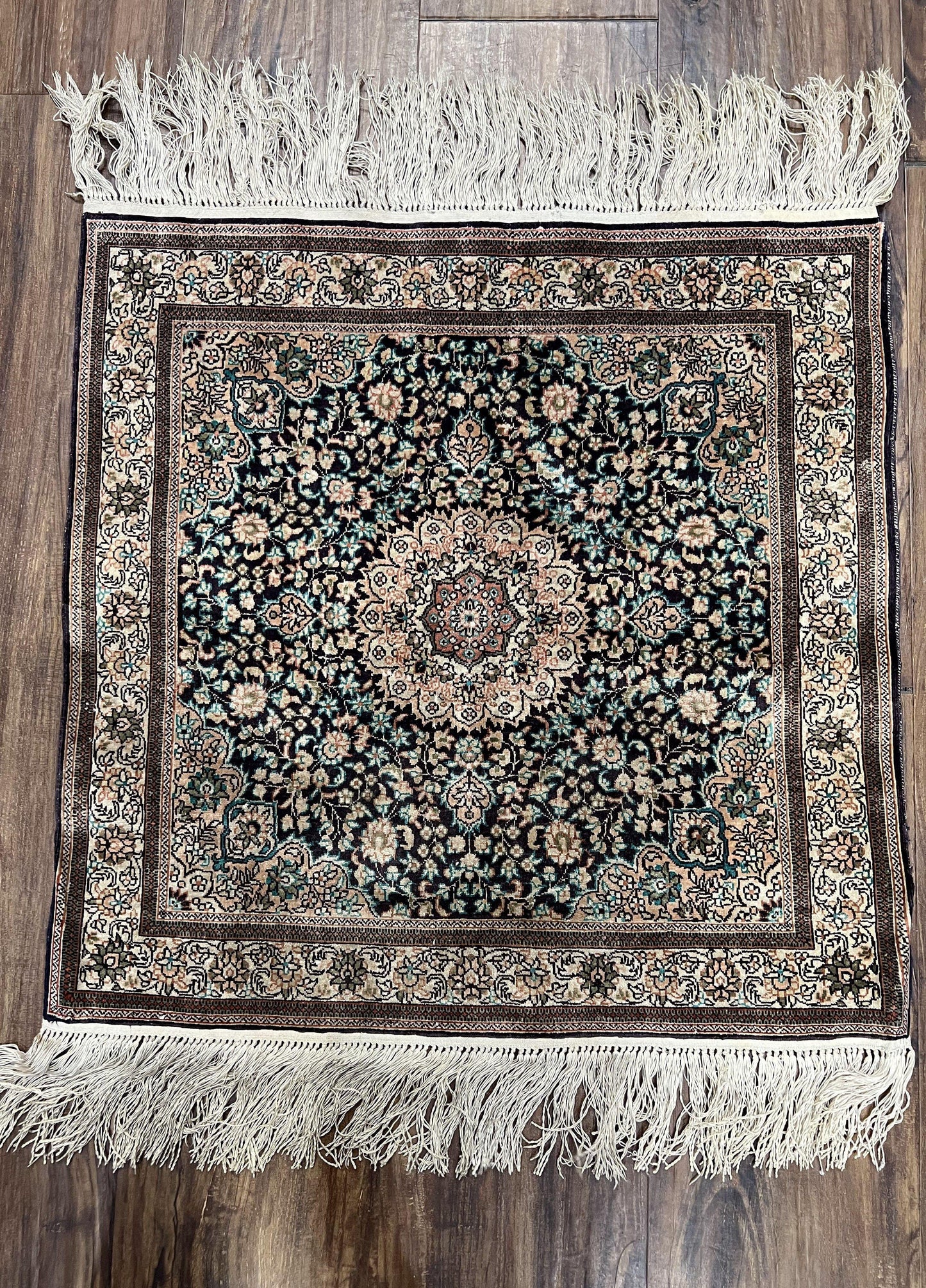 Sino Persian Silk Rug 2x2 ft, Very Fine High KPSI Small Silk Oriental Carpet, Hand-Knotted, Medallion, Vintage Silk Rug, Black Ivory/Cream