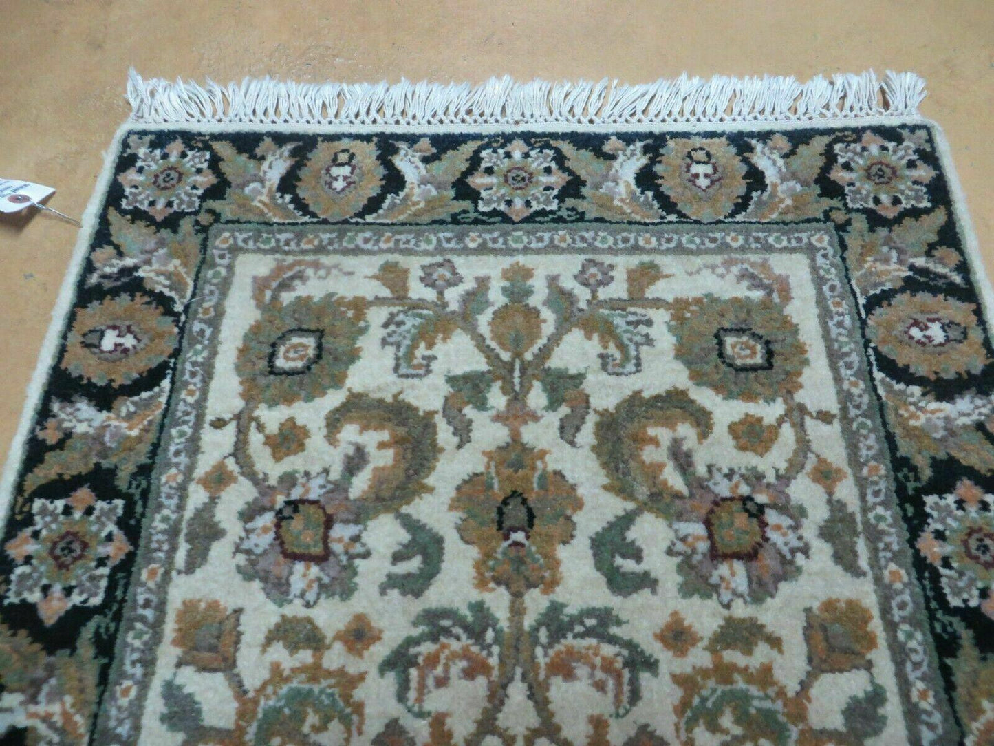 Handmade Indian Wool Rug 25x38 Floral Pattern Vintage 1980s Carpet