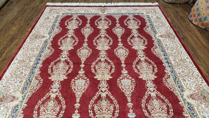 Dark Red Silk Carpet 5.3 x 7.6 ft, 5x8 Silk Rug, New Turkish Silk Carpet, Mint Condition, Beige & Red Area Rug, Bamboo Silk, High Quality
