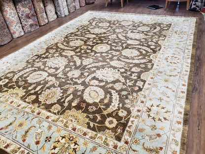 Oushak Wool Rug Indo Mahal Vintage Hand Knotted 8 Ft 8 In By 12 Ft Floral Brown And Blue