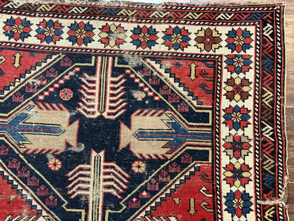 Antique Shirvan Caucasian Rug 3x5 Geometric Wool Hand Knotted Red Navy Beige