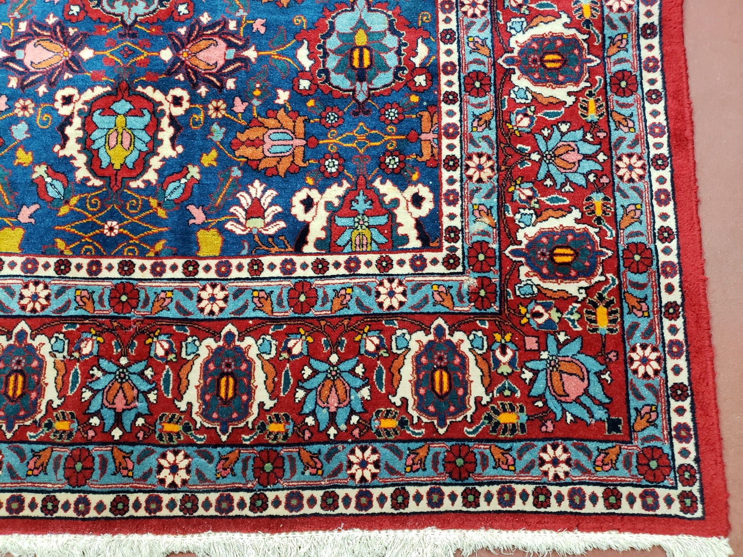 Rare Antique Persian Veramin Carpet, Mina-Khani Pattern, Blue, Red, Ivory, 7x11 ft, Hand-Knotted, Wool