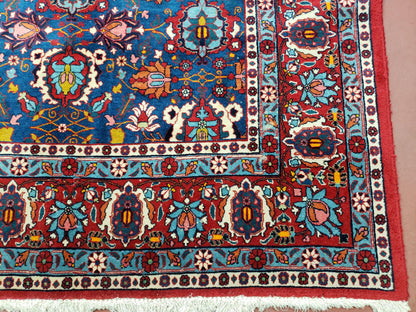 Rare Antique Persian Veramin Carpet, Mina-Khani Pattern, Blue, Red, Ivory, 7x11 ft, Hand-Knotted, Wool