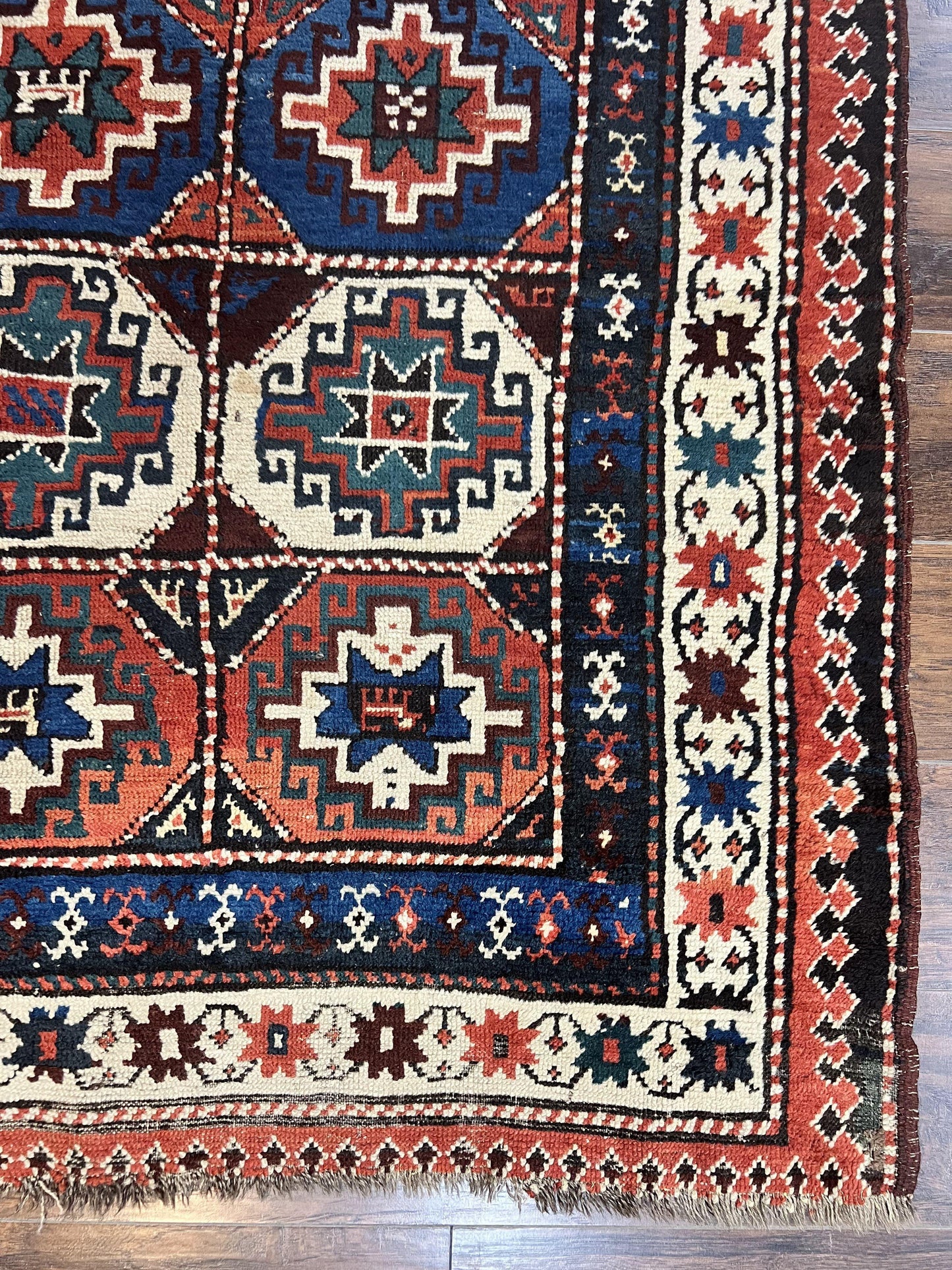 Antique Caucasian Kazak Runner Rug 4 x 9.5, Handmade Wool Rug for Hallway, Rare Colorful Panel Design Mid 19th Century 1870s Oriental Carpet