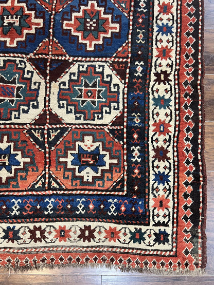 Antique Caucasian Kazak Runner Rug 4 x 9.5, Handmade Wool Rug for Hallway, Rare Colorful Panel Design Mid 19th Century 1870s Oriental Carpet