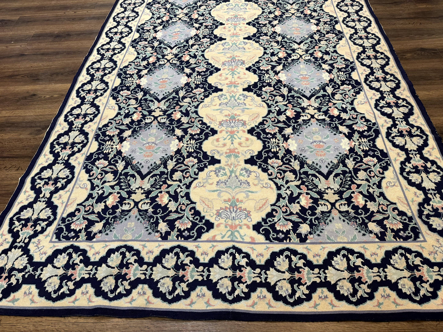 Needlepoint Rug 6x9, Ivory and Navy Blue