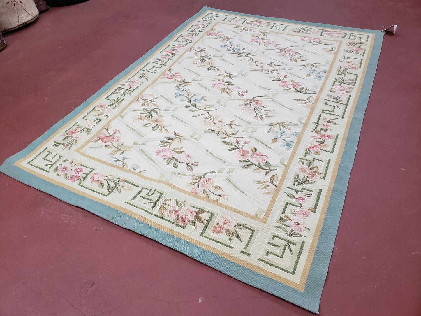 Vintage Aubusson Area Rug, Aubusson Flat weave Carpet, Floral Geometric Pattern, Beige Teal Green, 4x6 Rug, European Design