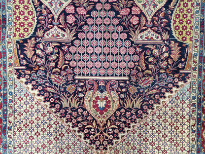 Antique Persian Tehran Rug 5x8, Midnight Blue and Red, Hand-Knotted, Wool