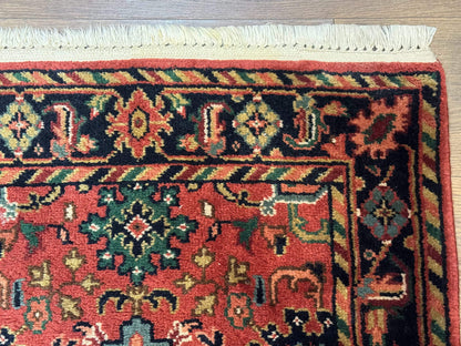 Indo Persian Heriz Runner Rug 2 x 12 ft, Hand Knotted Wool Hallway Rug, Red & Black