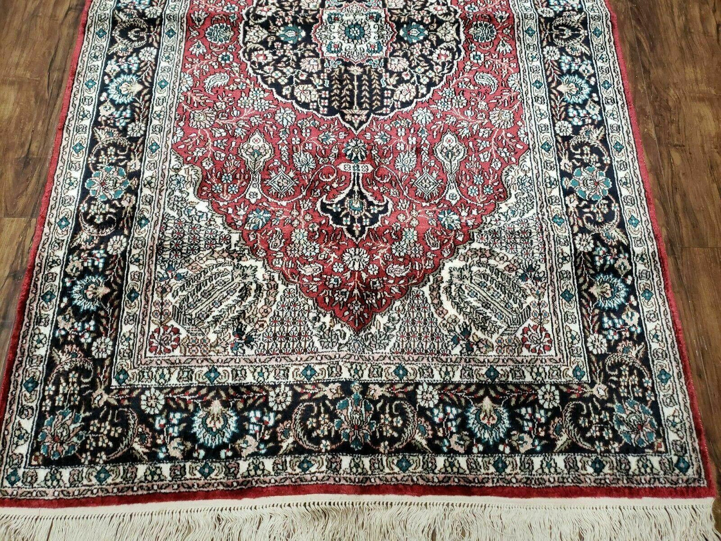 Vintage Kashmir Silk Rug 3x5 Handmade In India Qum Design 400 KPSI