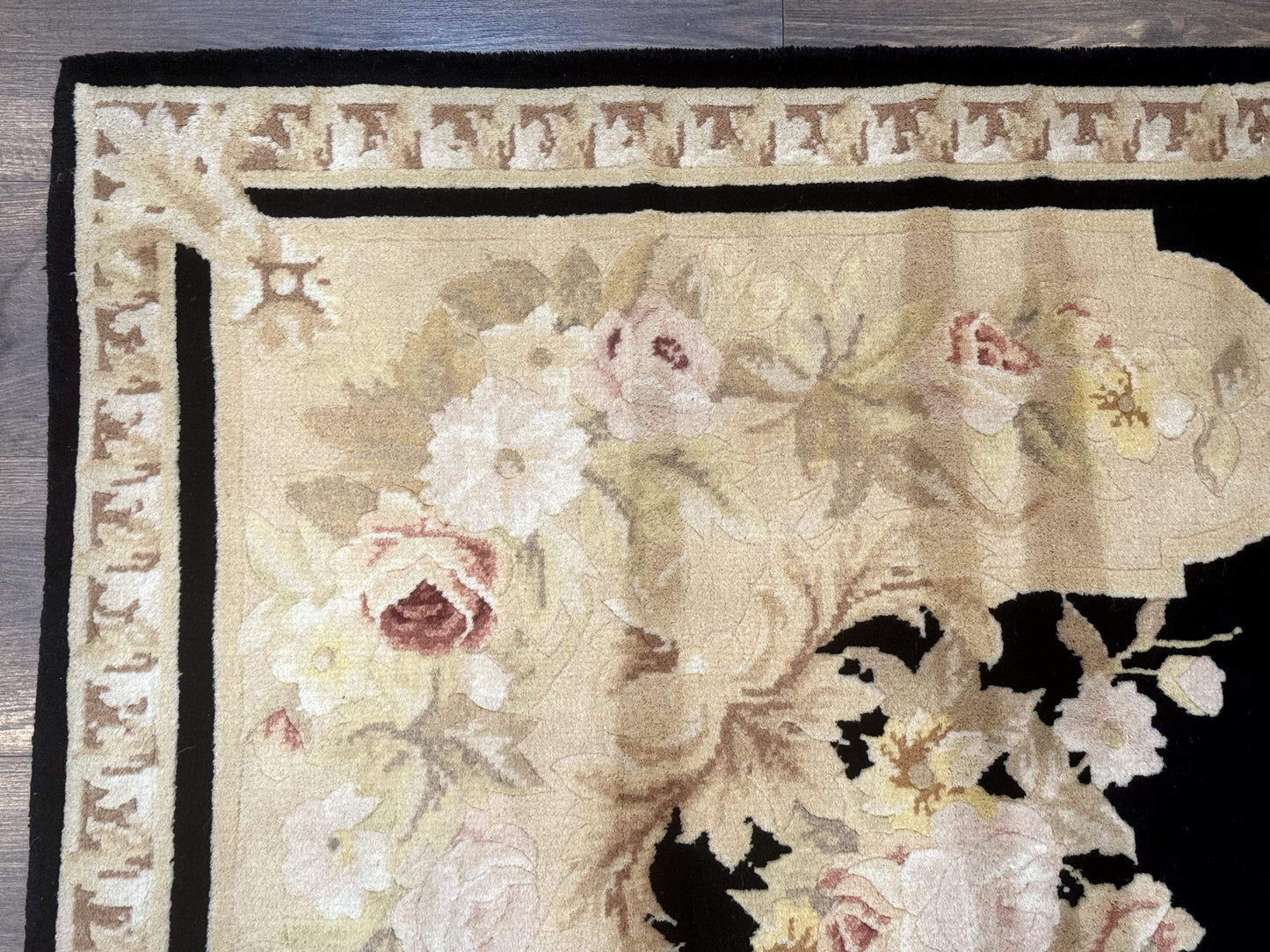 Aubusson Rug Chinese Wool 6x9 Black Floral Elegant Hand Knotted
