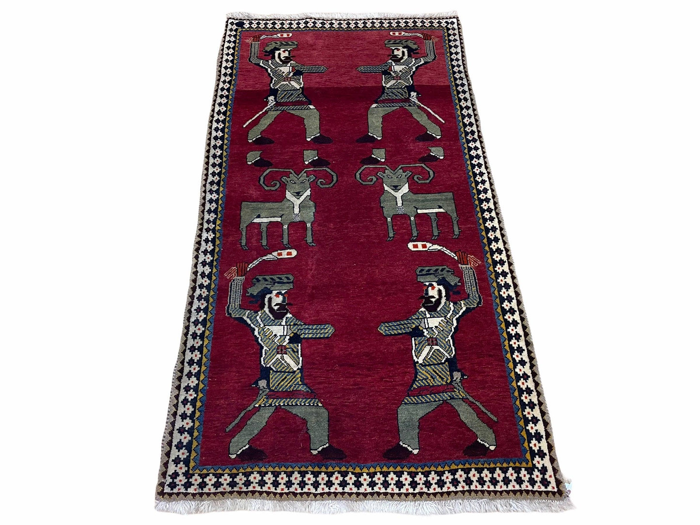 Handmade Wool Rug 3x6 Tribal Balouch Warriors Deer Pictorial Red Swords