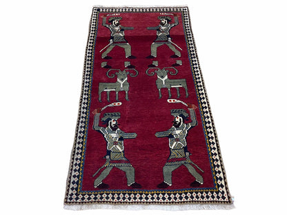 Handmade Wool Rug 3x6 Tribal Balouch Warriors Deer Pictorial Red Swords