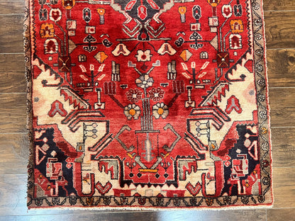 Antique Persian Tribal Rug 4 x 8, Geometric Medallion, Boho Rug, Wool Handmade Rug, Red 4x8 Rug, Persian Hamadan Rug