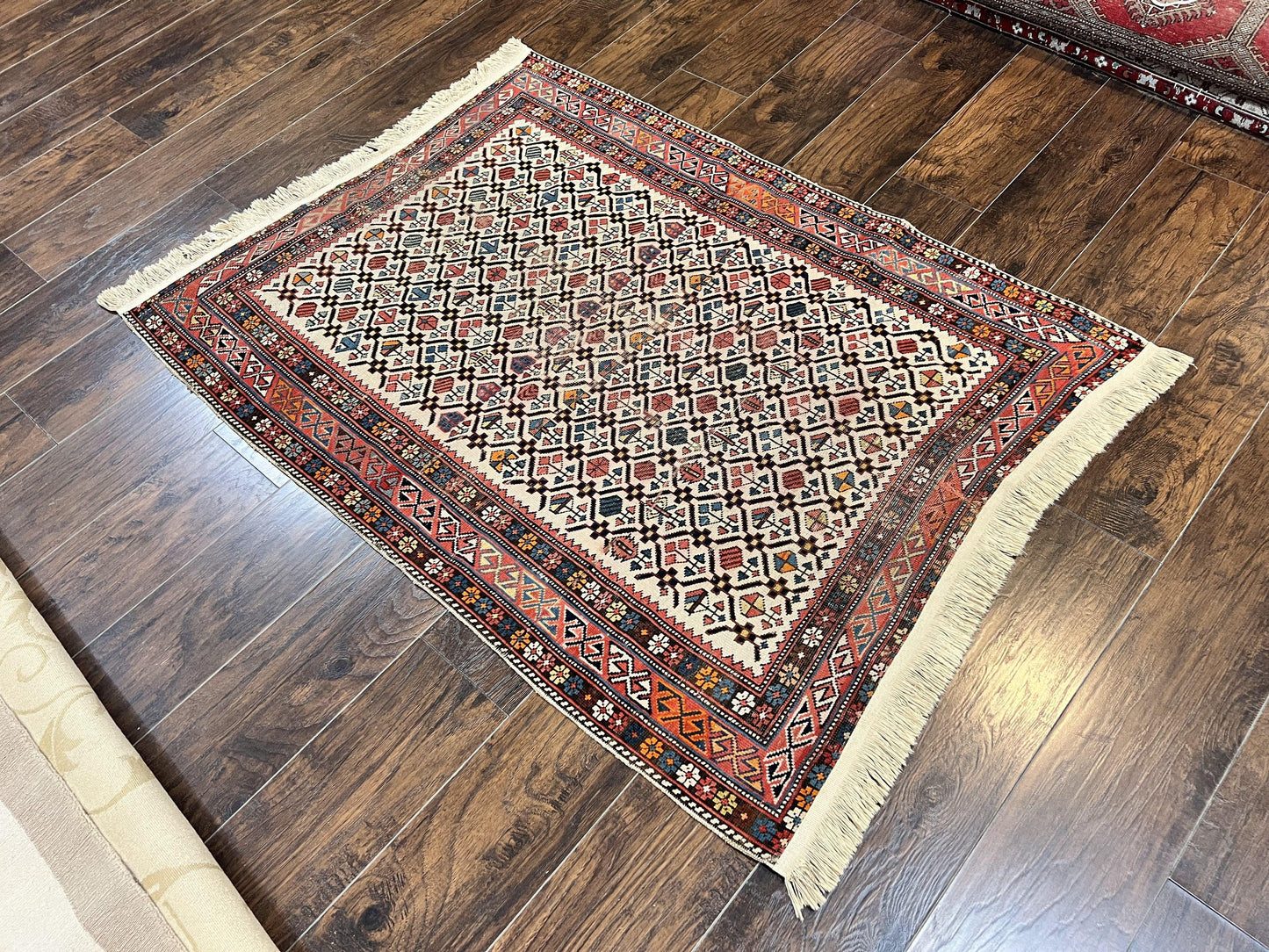 Antique Caucasian Shirvan Rug 4x5 Hand Knotted Wool Oriental Carpet Ivory Red Allover Pattern