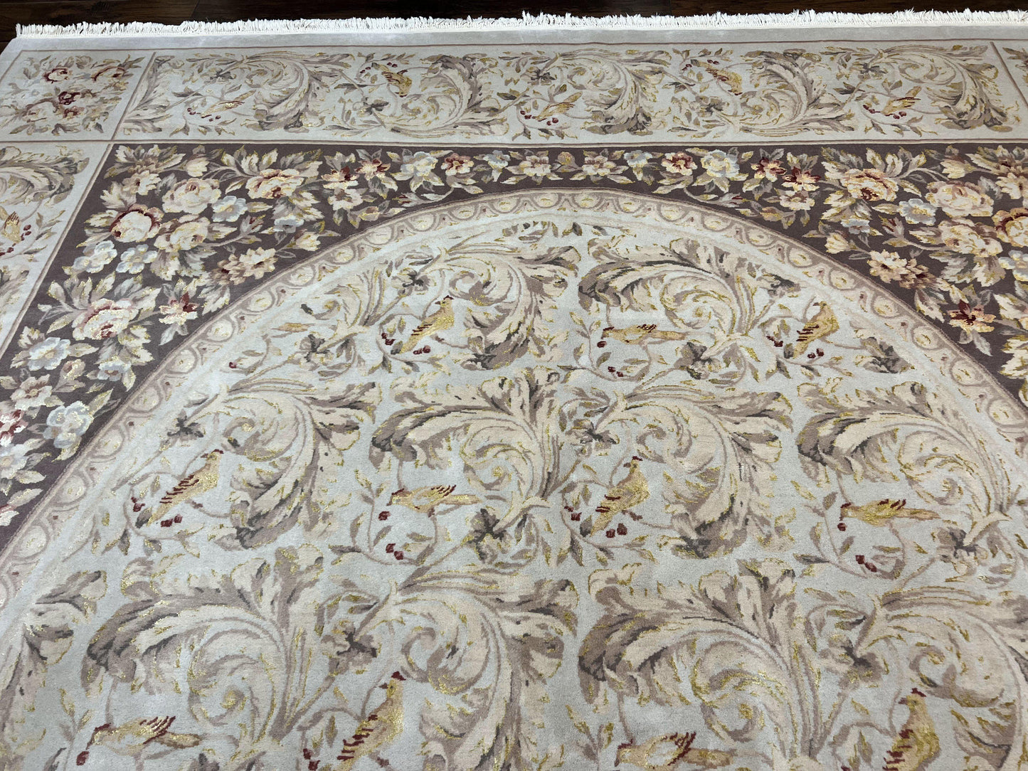 Aubusson Rug Hand Knotted Wool Silk Vintage Carpet Birds And Flowers Design