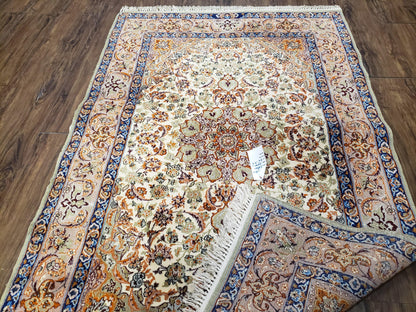 Premium Persian Isfahan Lachak Toranj Rug Hand Knotted Kork Wool On Silk Beige And Dark Blue 3 Ft 6 In By 5 Ft 4 In