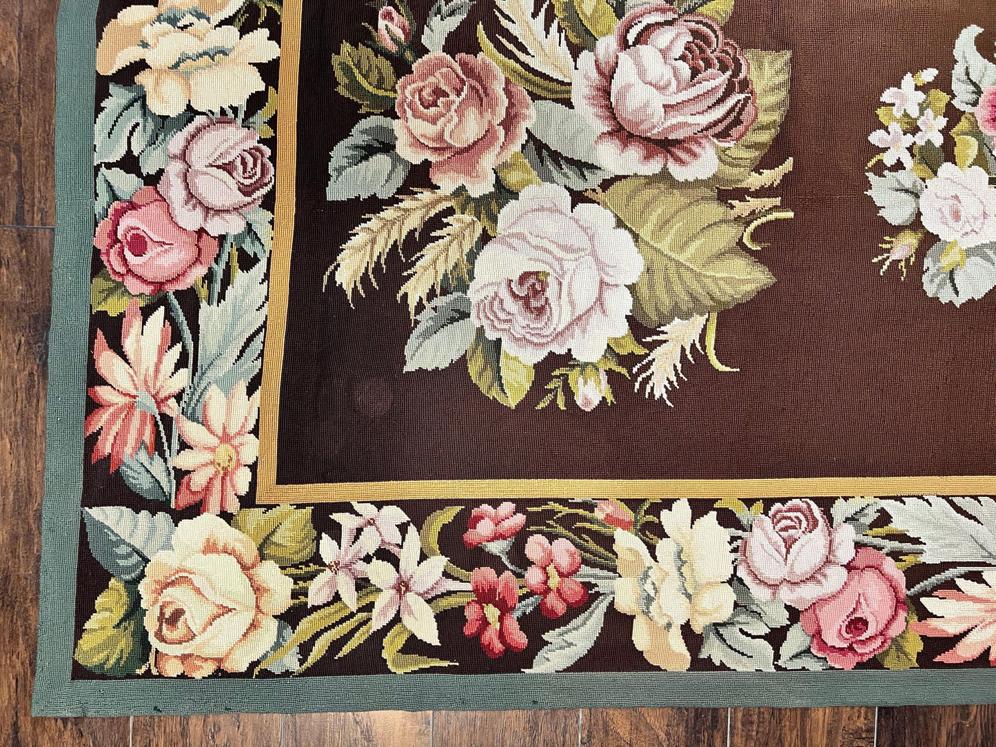 Vintage Needlepoint Rug 9x12 Handmade Wool Carpet With Floral Bouquets European Design