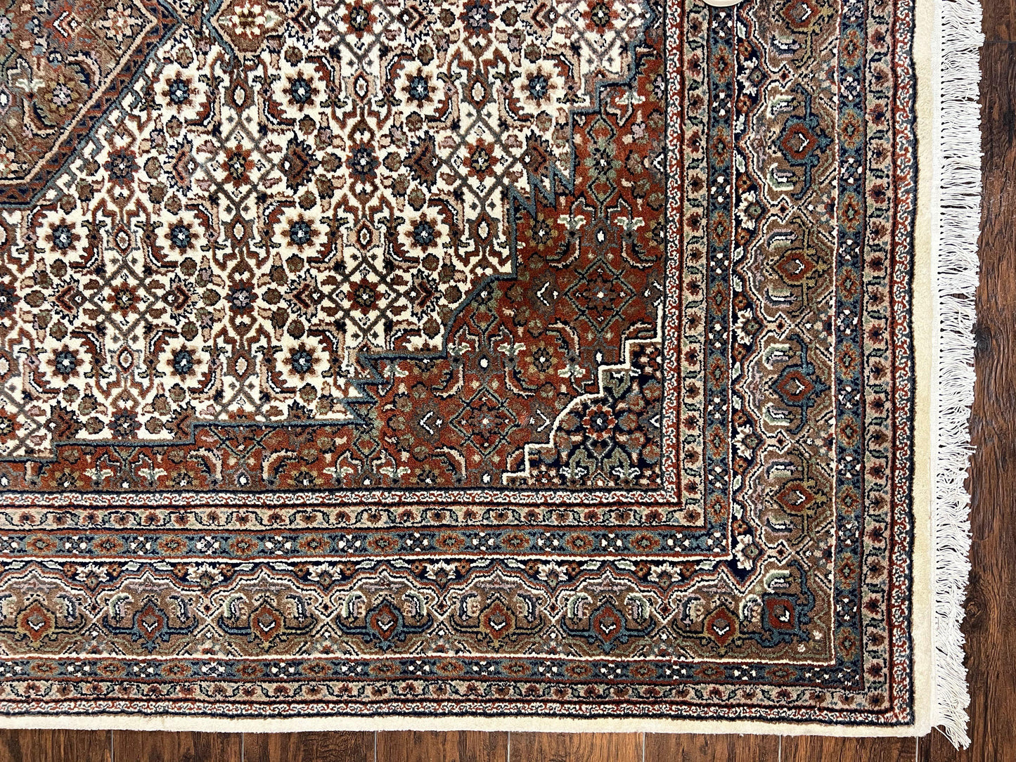 Indo Persian Rug 7x10 ft, Hand Knotted Wool Vintage Oriental Carpet 7 x 10, Traditional Handmade Herati Bidjar Cream Rug, Medallion Rug