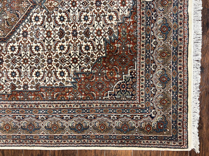 Indo Persian Rug 7x10 ft, Hand Knotted Wool Vintage Oriental Carpet 7 x 10, Traditional Handmade Herati Bidjar Cream Rug, Medallion Rug