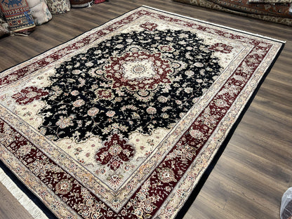 Pak Persian Rug 8.8 x 10.6, Floral Medallion, Wool and Silk Hand Knotted Fine Oriental Carpet, Elegant Rug, Black Gray Burgundy, Room Sized