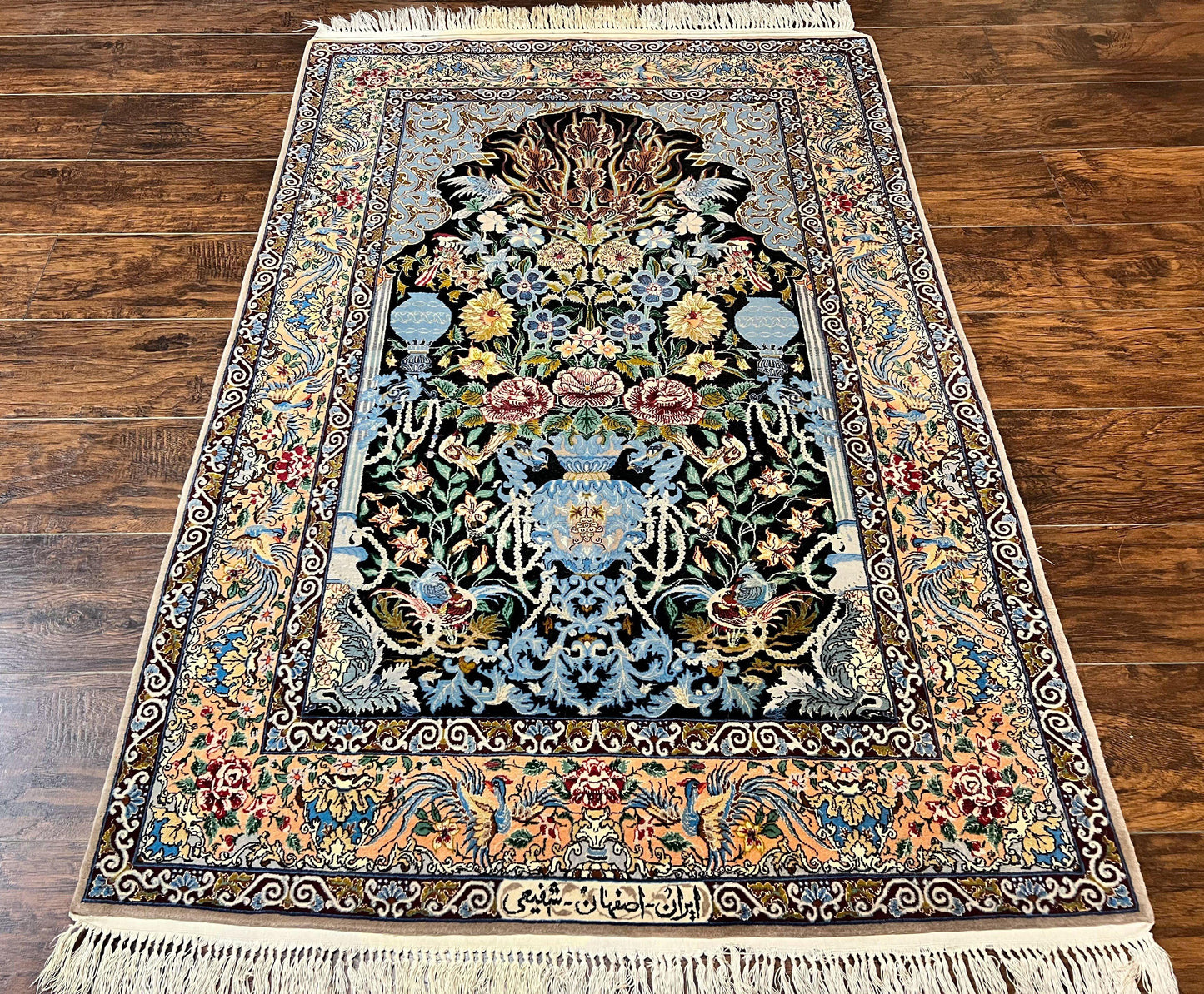 Persian Isfahan Rug 3.7x5 Kork Wool On Silk Tree Of Life Vase Peacocks Very Fine 460 KPSI