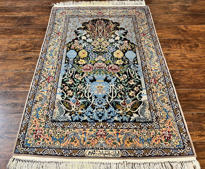 Persian Isfahan Rug 3.7x5 Kork Wool On Silk Tree Of Life Vase Peacocks Very Fine 460 KPSI