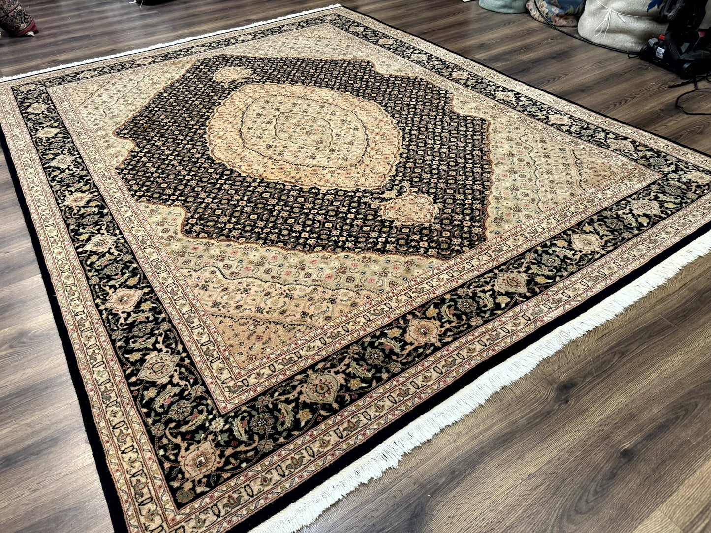 Sino Persian Rug 8x10, Herati Mahi Pattern, Fine 170 KPSI, Black, Wool and Silk Highlights