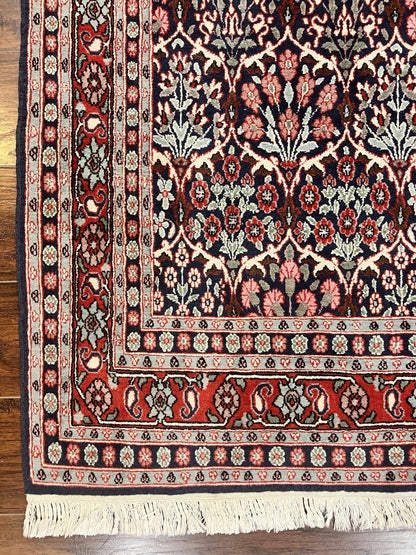Pak Persian Rug 3x4, Wool Hand Knotted Vintage Traditional Carpet, Navy Blue & Red, Very Fine Small Handmade Floral Rug