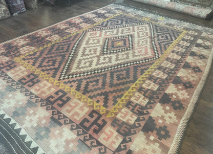 Antique Persian Kilim Rug 9x12 Zarand Handwoven Wool Zigzag Pattern In Earth Tones