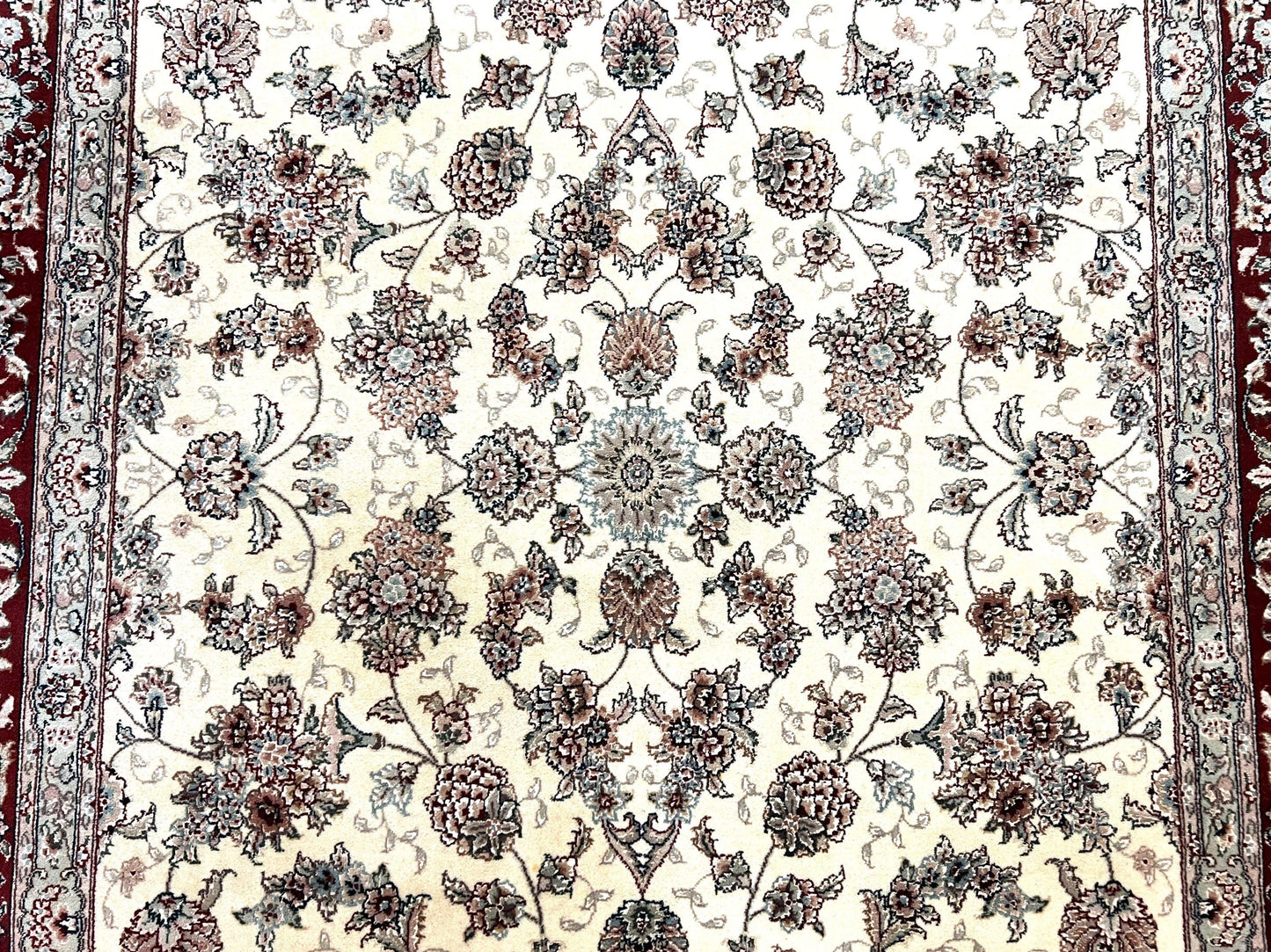 Pak Persian Rug 6x9 Wool Silk Hand Knotted Floral Allover Cream and Maroon Vintage Rug