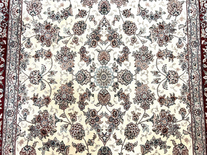 Pak Persian Rug 6x9 Wool Silk Hand Knotted Floral Allover Cream and Maroon Vintage Rug