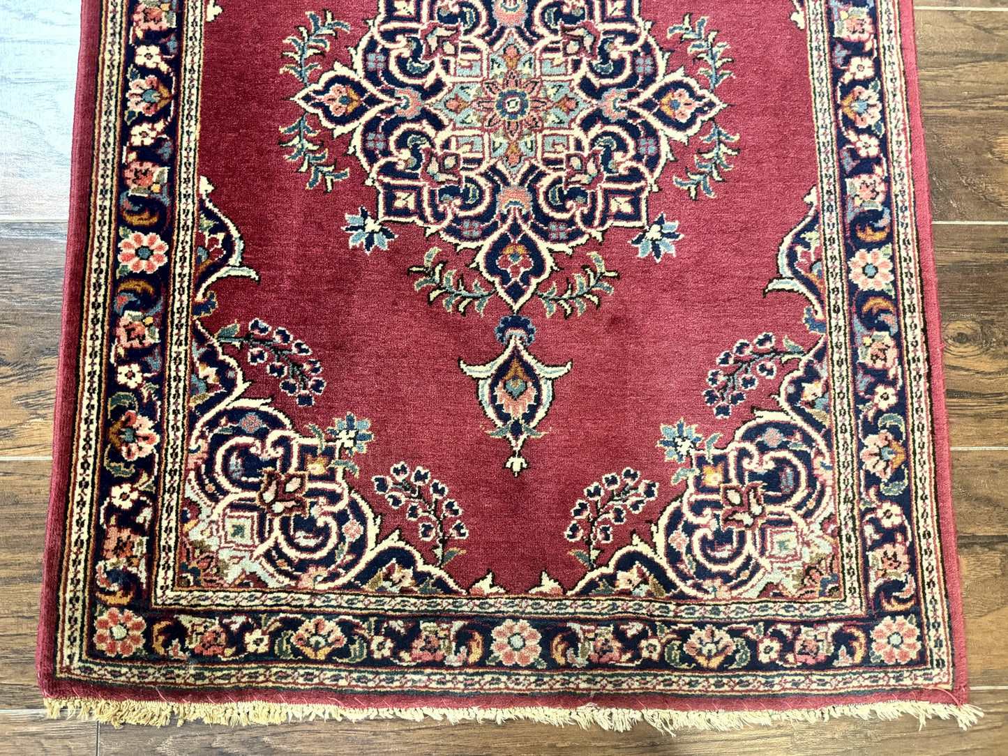 Persian Kashan Rug 2x3 Small Handmade Vintage Wool Semi Antique Carpet Red Navy