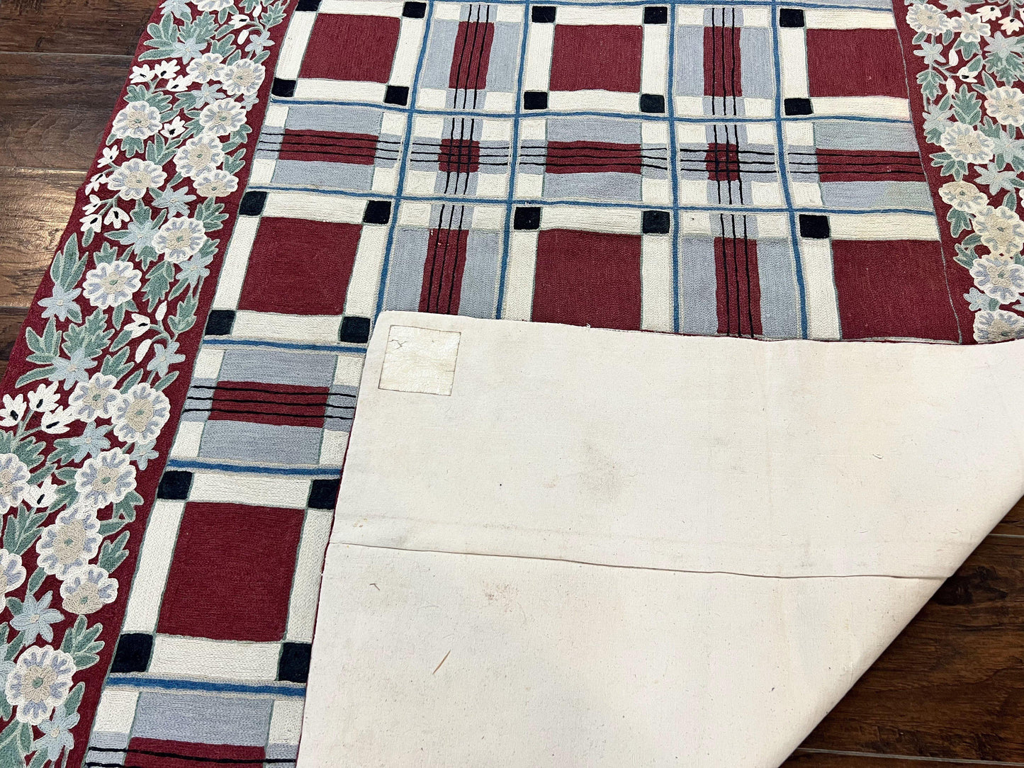 Indian Hand Stitched Rug 4x6, Vintage Carpet, Checkerboard Floral Pattern, Maroon Ivory, Flatweave, Wool