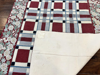 Indian Hand Stitched Rug 4x6, Vintage Carpet, Checkerboard Floral Pattern, Maroon Ivory, Flatweave, Wool