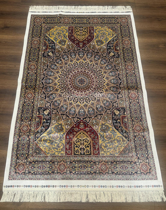 Turkish Silk Rug 4x6 Dome Design Bamboo Silk Memluk Carpet