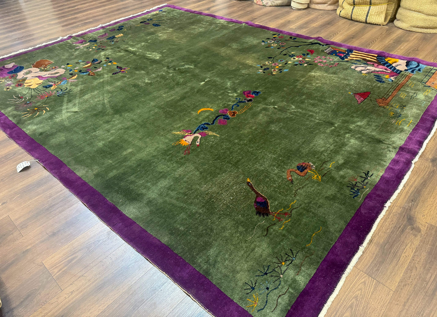 Antique Chinese Nichols Rug 9x12 Rare Green and Purple Art Deco Carpet