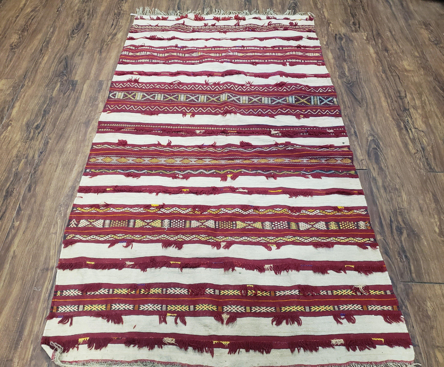 Turkoman Yamud Rug Antique 1920s Hand Knotted 3x5 ft Sofreh Table Cover Tribal Bohemian Ivory and Red