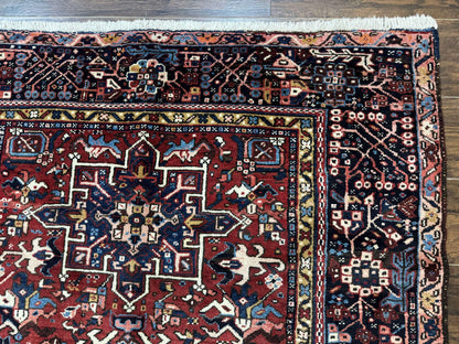 Persian Karajeh Rug 5x6, Antique Heriz Carpet, Geometric, Persian Tribal Rug, Brick Red Navy Blue