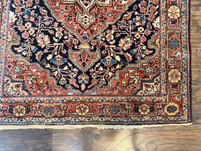 Persian Sarouk Rug 3.6 x 5, Medallion Rug, Red and Midnight Blue, Handmade Semi Antique Vintage Wool Carpet