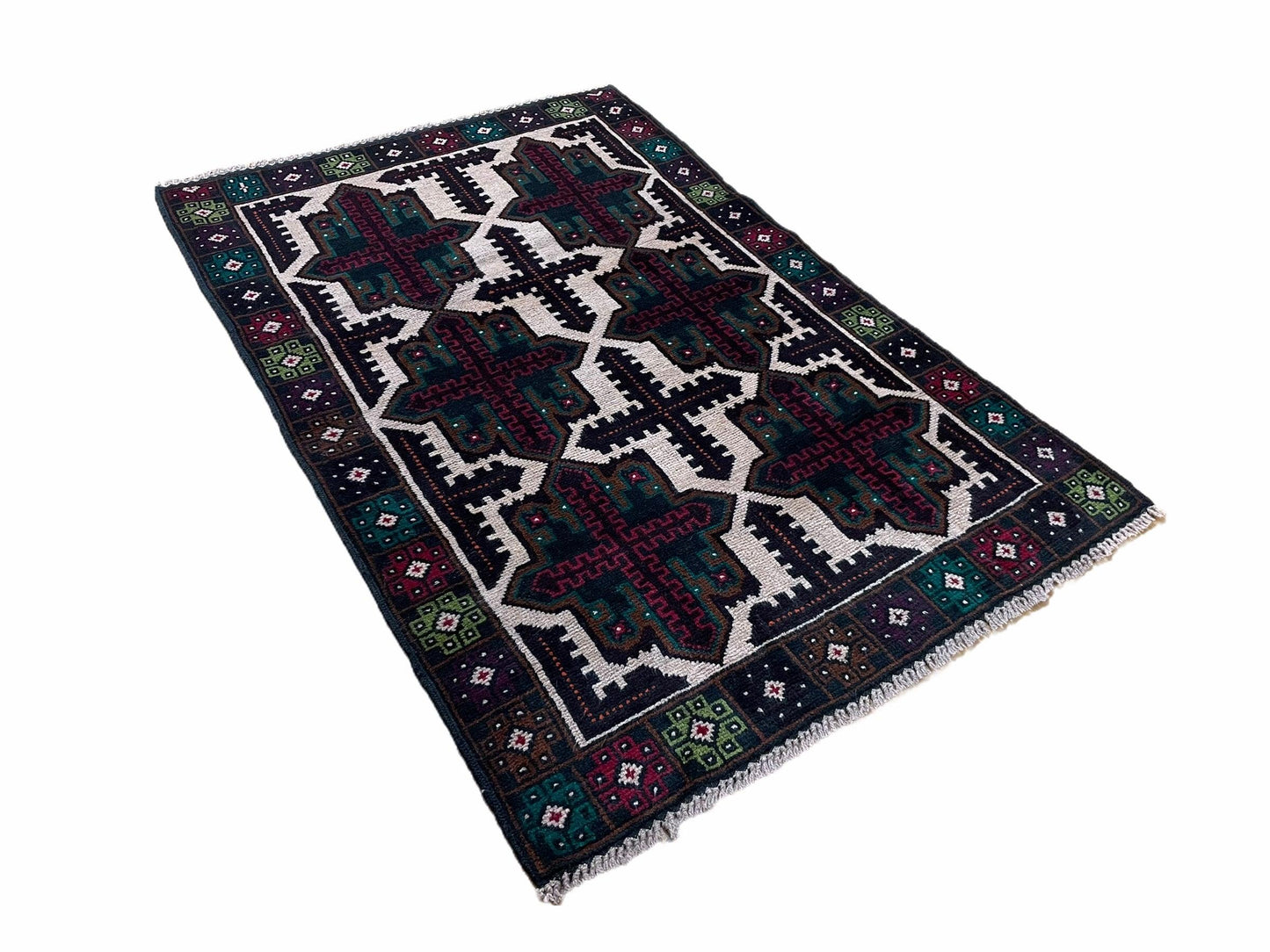 Vintage Handmade Baluchi Wool Rug Afghan Tribal Carpet Red Beige Green 3 By 4 Feet