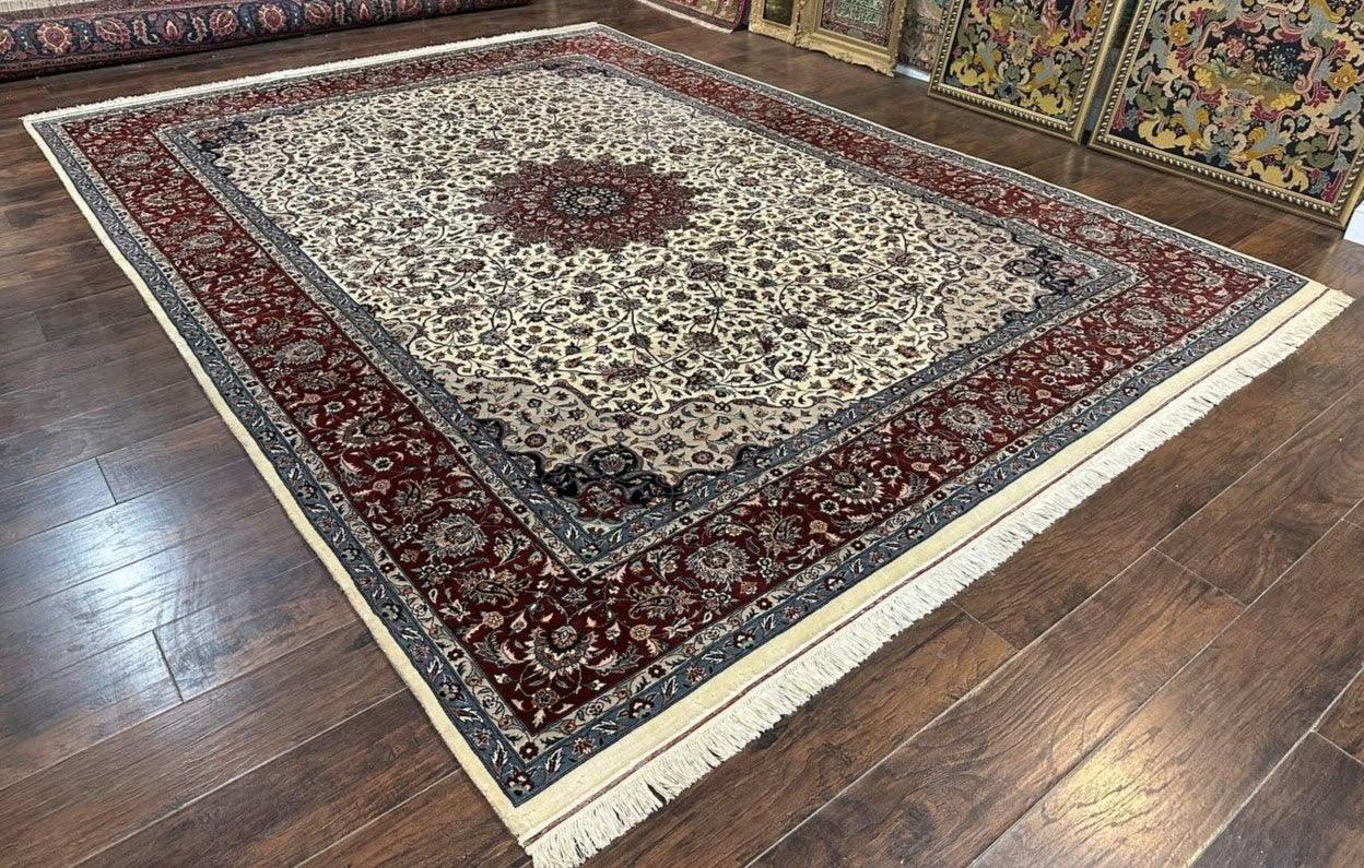 Sino Persian Rug 9x12, Vintage Wool Oriental Carpet, Floral Medallion, Wool Rug, Cream and Maroon