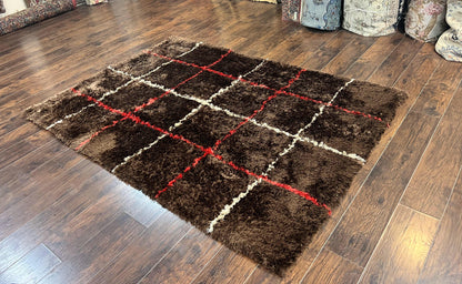 Brown Shag Rug 6x8 Vintage Wool Panel Design Area Rug For Living Rooms