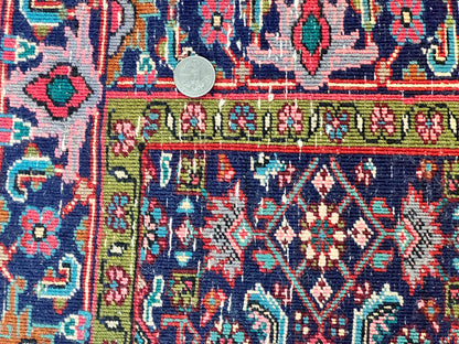 Persian Bidjar Rug 4x5, Finely Hand Knotted Vintage Carpet, Red and Navy Blue, Handmade Wool Rug, 180 KPSI